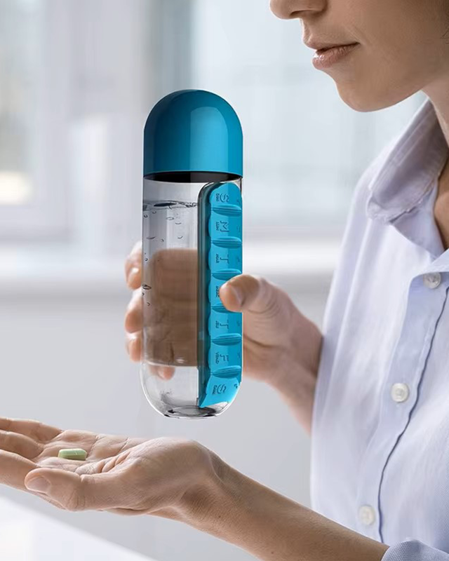 Bouteille d'Eau Portable 2 en 1 avec Pilulier Organisateur de Médicaments