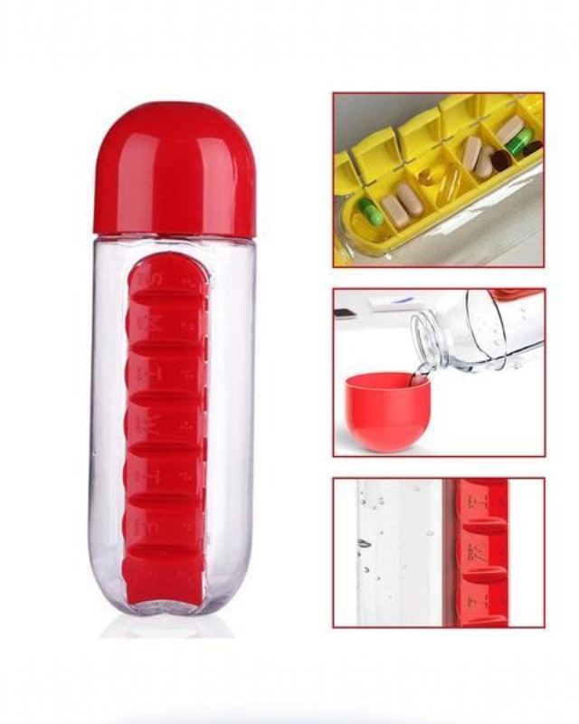 Bouteille d'Eau Portable 2 en 1 avec Pilulier Organisateur de Médicaments