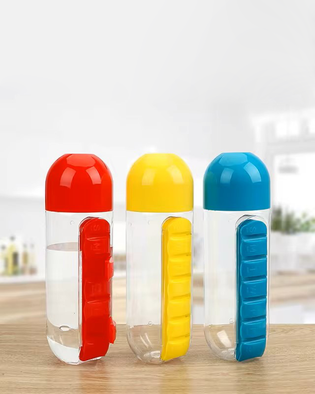 Bouteille d'Eau Portable 2 en 1 avec Pilulier Organisateur de Médicaments